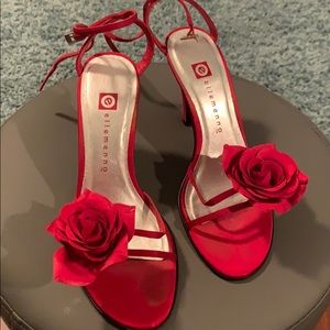 Red satin rose strappy sandal